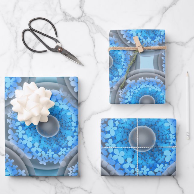 Hoja De Papel De Regalo Patrón geométrico sin soldadura. Bolas y flores az (Anverso)