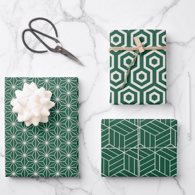 Hoja De Papel De Regalo Patrón geométrico verde + blanco | (Anverso)