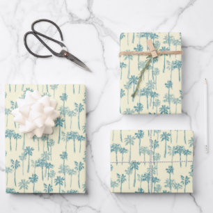 Hoja De Papel De Regalo Patrón hawaiano tropical azul y crema de palmera