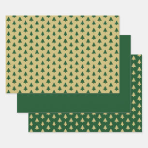 Hoja De Papel De Regalo Patrón icónico del árbol de Navidad verde/dorad