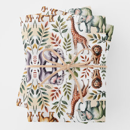 Hoja De Papel De Regalo Patrón ilustrado con elefantes, leones