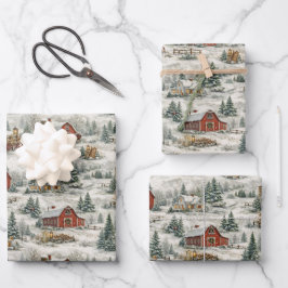 Hoja De Papel De Regalo Patrón invernal de granja rústica cubierta de niev