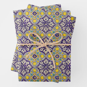 Hoja De Papel De Regalo Patrón mediterráneo azul Flores amarillas