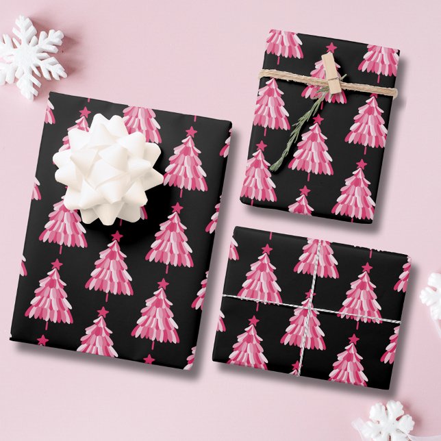 Hoja De Papel De Regalo Patrón moderno de árbol de Navidad negro rosado (Pink woodland christmas tree holiday wrapping paper.)