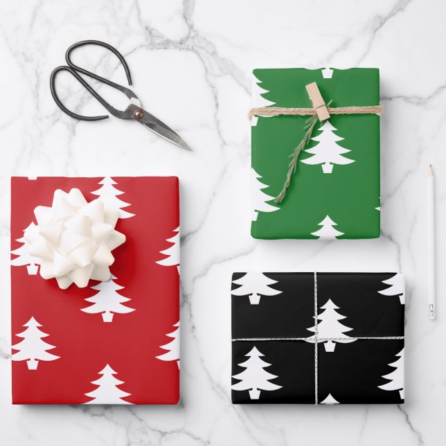 Hoja De Papel De Regalo Patrón moderno de árboles de navidad negro verde r (Anverso)