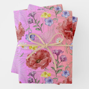 Hoja De Papel De Regalo Patrón moderno de flores silvestres rojas de color