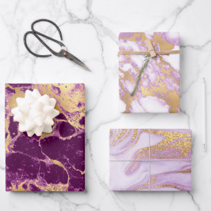 Hoja De Papel De Regalo Patrón moderno de mármol morado, blanco y dorado