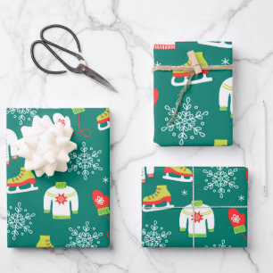 Hoja De Papel De Regalo Patrón Monograma Verde azulado de patines de hiel