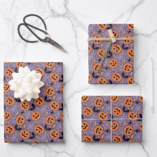 Hoja De Papel De Regalo Patrón morado de Halloween de Jack-O-Lantern