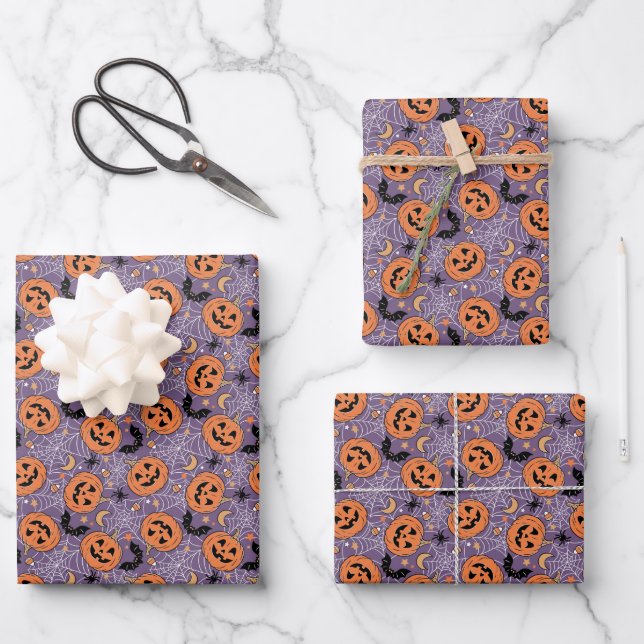 Hoja De Papel De Regalo Patrón morado de Halloween de Jack-O-Lantern (Anverso)