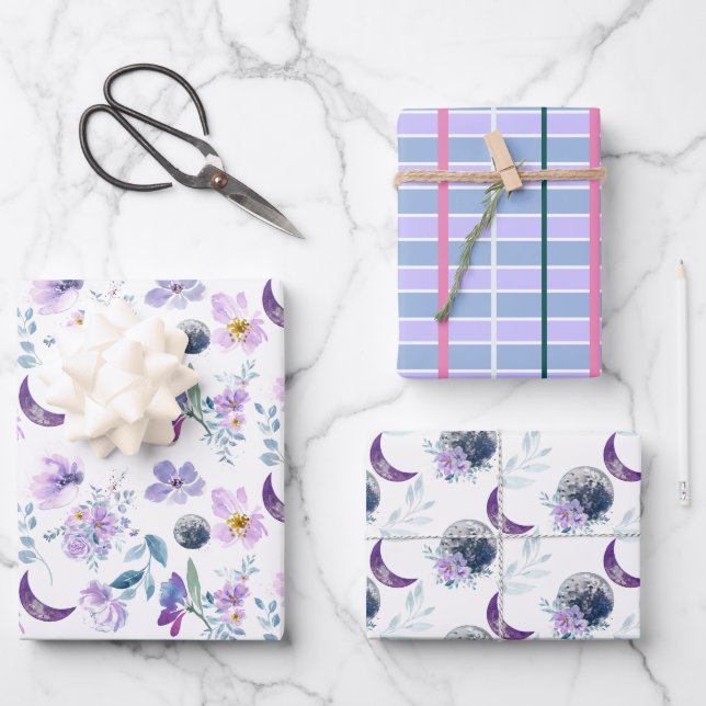 Hoja De Papel De Regalo Patrón morado floral con luna (Anverso)