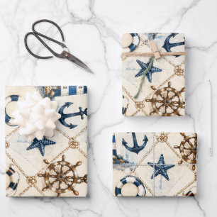 Hoja De Papel De Regalo Patrón náutico costero sin costuras