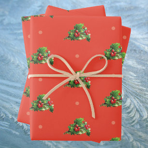 Hoja De Papel De Regalo Patrón navideño vintage con plantas de fresa