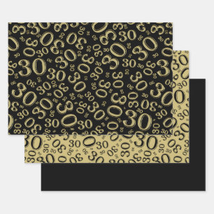 Hoja De Papel De Regalo Patrón número 30 de cumpleaños negro y oro 30