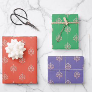 Hoja De Papel De Regalo Patrón Ornato de Damasco en Naranja, Púrpura y Ver