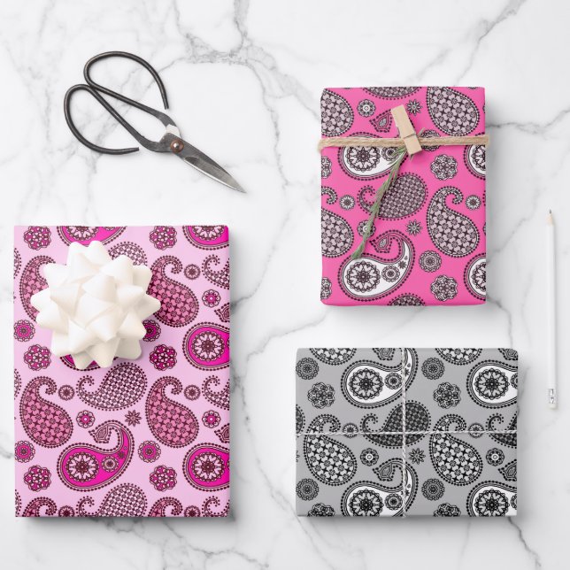 Hoja De Papel De Regalo Patrón Paisley, rosa Fuchsia y gris (Anverso)