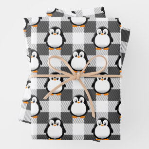 Hoja De Papel De Regalo Patrón pingüino puro en blanco y gris negro