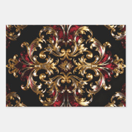 Hoja De Papel De Regalo Patrón Regal Noir | Caligrafía dorada y carmesí