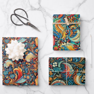Hoja De Papel De Regalo Patrón Resumen de Flor Dorada Paisley Set 6