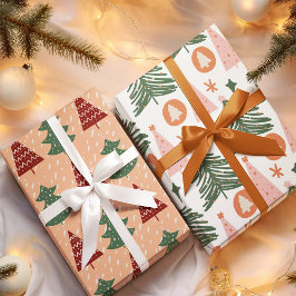 Hoja De Papel De Regalo Patrón Retro de Árboles Verdes Navidad Fiesta