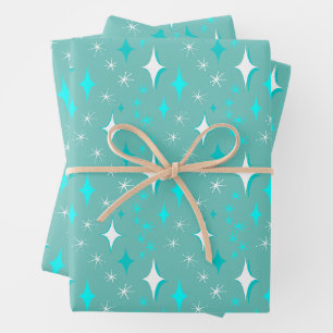 Hoja De Papel De Regalo Patrón Retro de Estrellas en Verde Acuático y Blan
