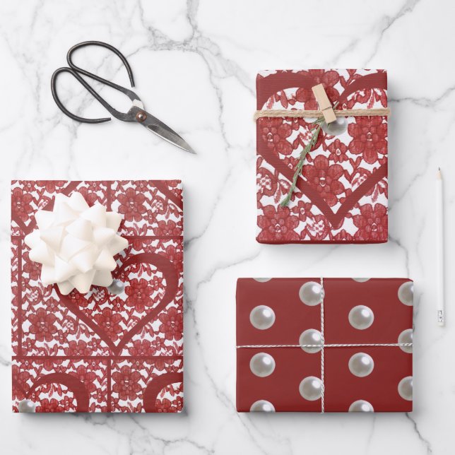 Hoja De Papel De Regalo Patrón rojo de encaje San Valentín (Anverso)