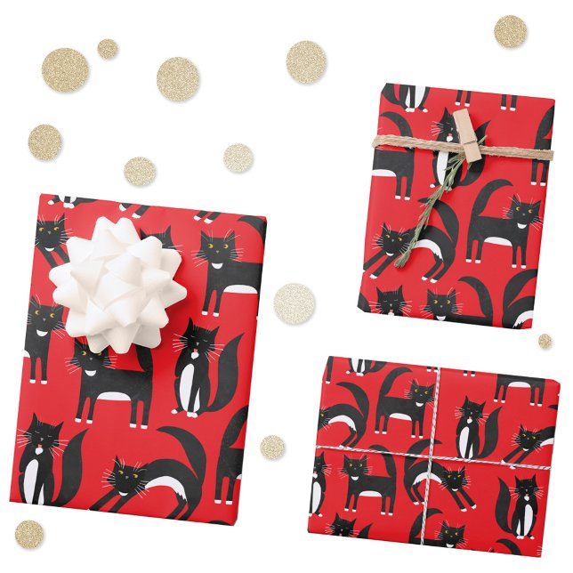 Hoja De Papel De Regalo Patrón rojo gitano negro y blanco (Black and white bicolor Tuxedo Cat pattern red gift wrapping paper sheets)