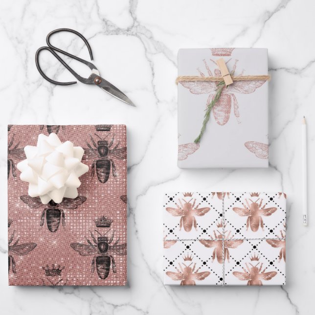 Hoja De Papel De Regalo Patrón Rosa de abejas doradas (Anverso)