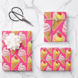 Hoja De Papel De Regalo Patrón rosa de Kawaii con helado de fresa