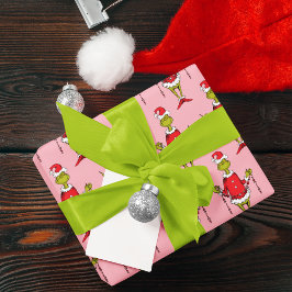 Hoja De Papel De Regalo Patrón rosa de Navidades de Grinch de época
