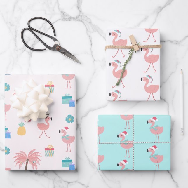 Hoja De Papel De Regalo Patrón Santa Flamingo Diversión Navidades Tropical (Anverso)