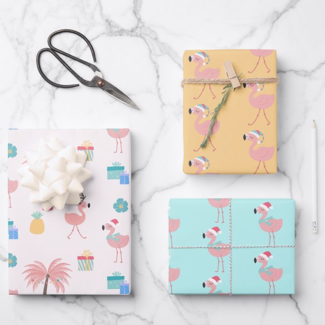 Hoja De Papel De Regalo Patrón Santa Flamingo Diversión Navidades Tropical (Anverso)