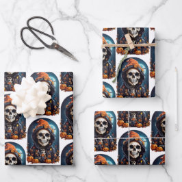 Hoja De Papel De Regalo Patrón Skeleton y calabazas otoñales
