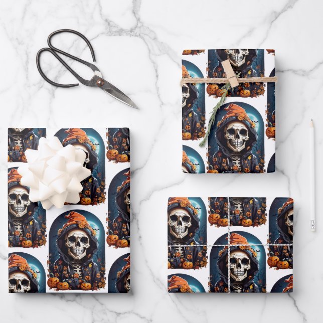 Hoja De Papel De Regalo Patrón Skeleton y calabazas otoñales (Anverso)