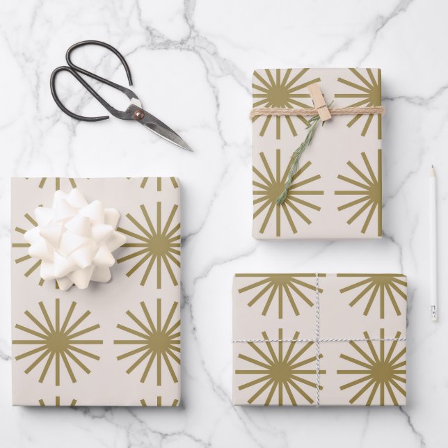 Hoja De Papel De Regalo Patrón Starburst Oro y Blanco Lino (Anverso)