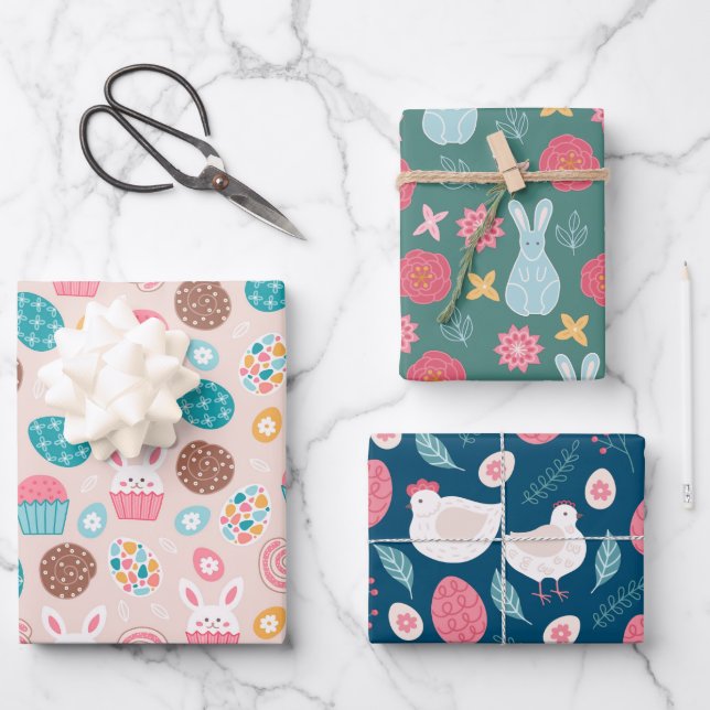 Hoja De Papel De Regalo Patrón temático de Pascua Abundantes Huevos y Poll (Anverso)