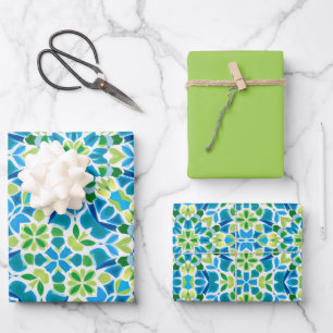 Hoja De Papel De Regalo Patrón verde, azul y blanco
