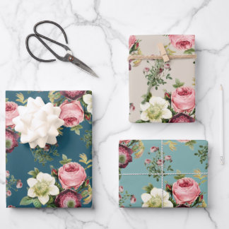 Hoja De Papel De Regalo Patrón Verde azulado, Aqua y Beige de Rosa floral