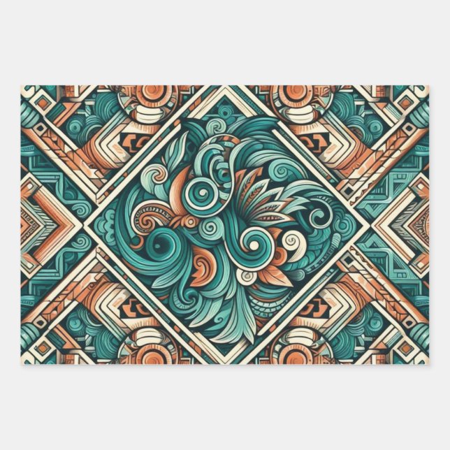 Hoja De Papel De Regalo Patrón Verde azulado y terracota de inspiración az (Anverso)