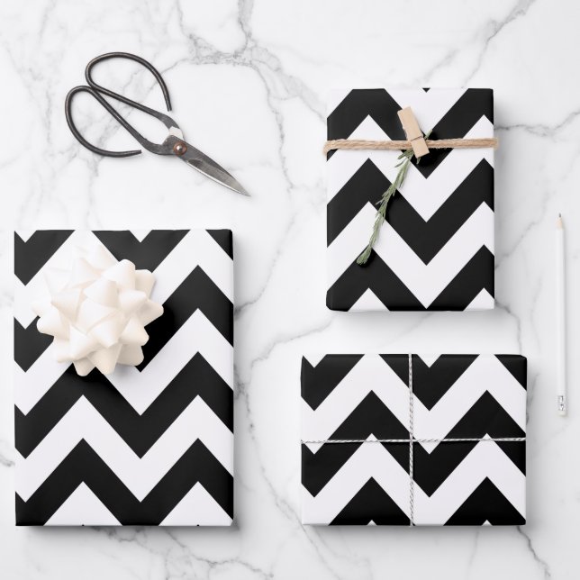 Hoja De Papel De Regalo Patrón Zigzag Chevron Blanco Y Negro (Anverso)