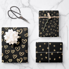 Hoja De Papel De Regalo Patrones aleatorios de oro negro Corazón de estrel
