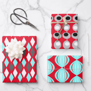 Hoja De Papel De Regalo Patrones atómicos de mediados de siglo en rojo