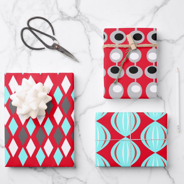 Hoja De Papel De Regalo Patrones atómicos de mediados de siglo en rojo (Anverso)