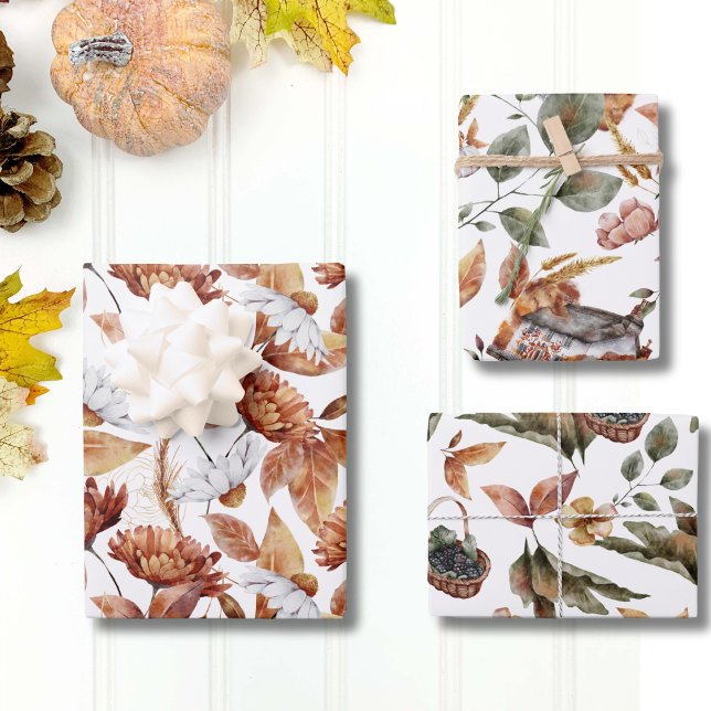 Hoja De Papel De Regalo Patrones botánicos de acuarela rústica de otoño (Fall Foliage Rustic Watercolor Botanical Pattern Wrapping Paper Sheets)
