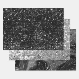 Hoja De Papel De Regalo Patrones Brillantes Glamurosos de Negro y Plata