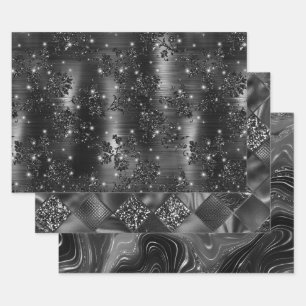 Hoja De Papel De Regalo Patrones brillantes glamurosos en negro y plata