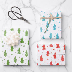 Hoja De Papel De Regalo Patrones de árbol de navidad de color verde rojo