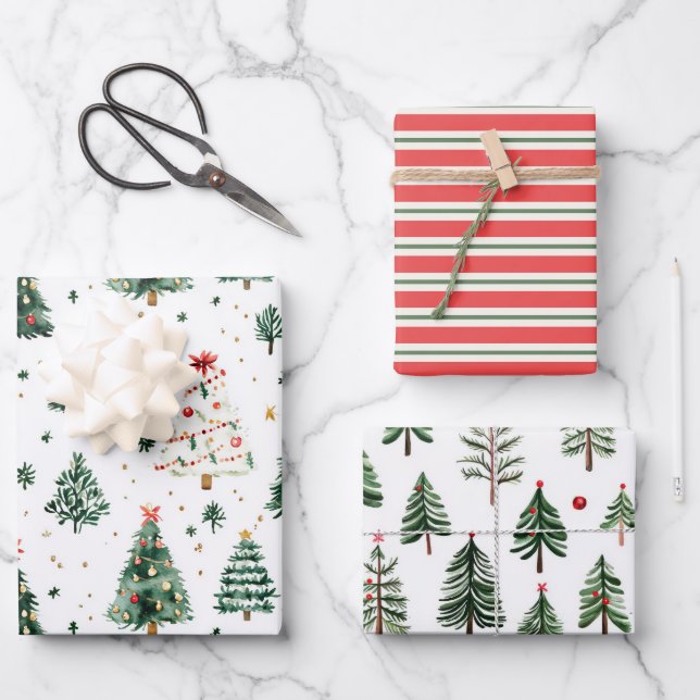 Hoja De Papel De Regalo Patrones de árboles de vacaciones verdes con rayas (Anverso)
