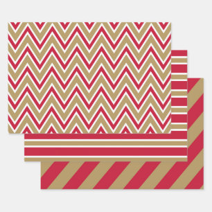 Hoja De Papel De Regalo Patrones de Chevron y Rayas Rojas, Doradas y Blanc