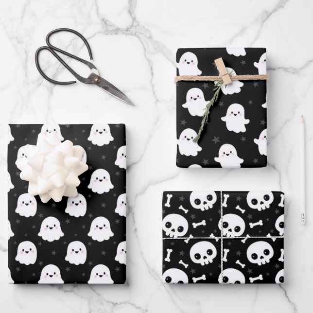 Hoja De Papel De Regalo Patrones de Fantasma y Calaveras de Halloween (Anverso)